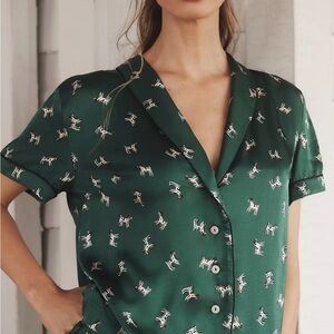 NWT | Anthropologie Green Button Down Pajama Top with Dog Print